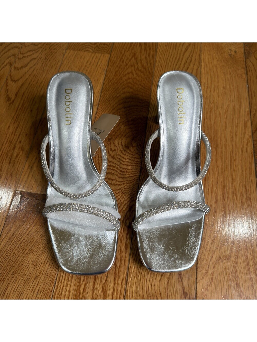 Dobolin Women's Silver Rhinestone Heeled Slide Sandals Size 9 Open Toe Mule - Picture 7 of 14